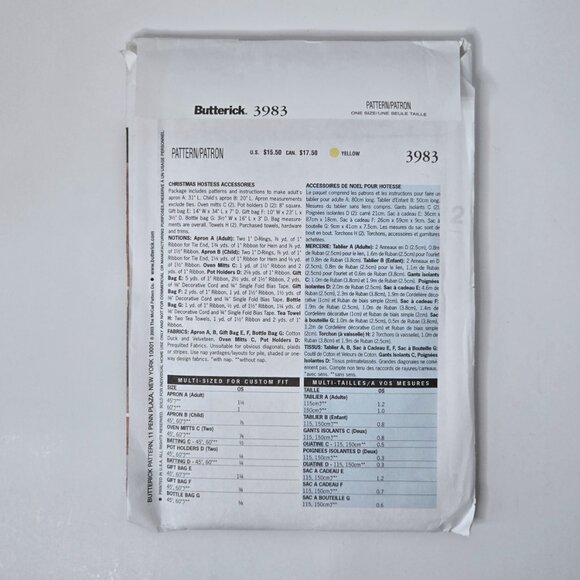 🎄 Butterick 3983 UNCUT Hostess Accessories Sewing Pattern | Adult & Child - Picture 3 of 7